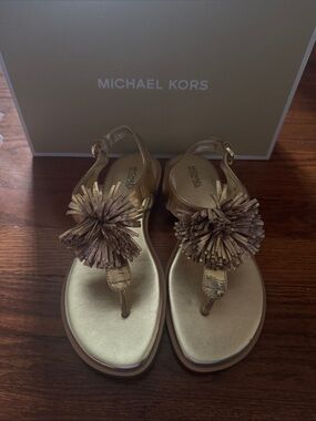Michael Kors Metallic Gold Pom Tassel Thong Sandals